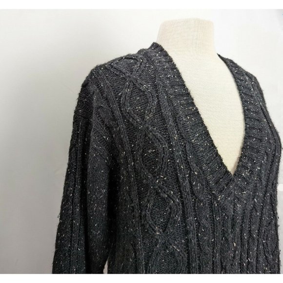 Vintage 90s Sweater Dark Gray Chunky V-Neck Oversize Cable Knit Misses Size M - Picture 3 of 8